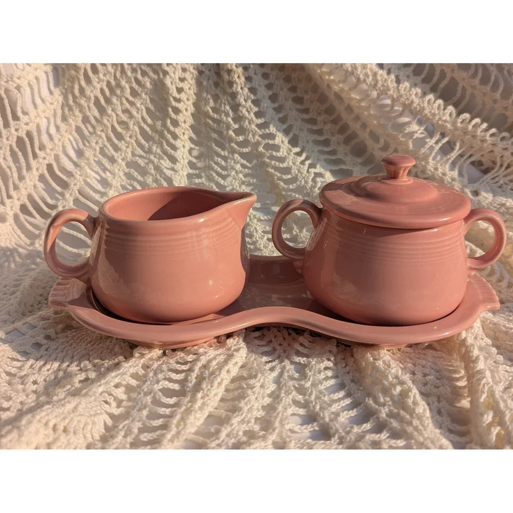 Fiesta Rose Cream and Sugar Set with Tray Vintage 1980s Homer Laughlin Rose